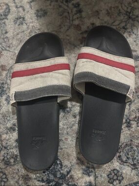 2/$15 Roots Black Slide Sandals with Red and Cream Striped Strap Ladies